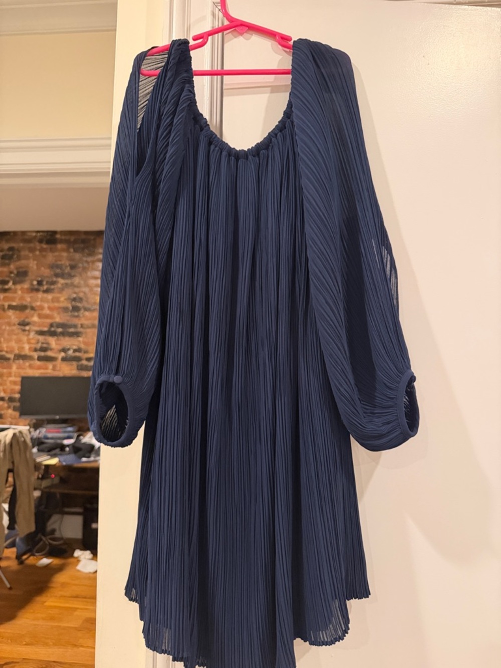 MINKPINK Navy Pleated Long-Sleeve Shift Dress